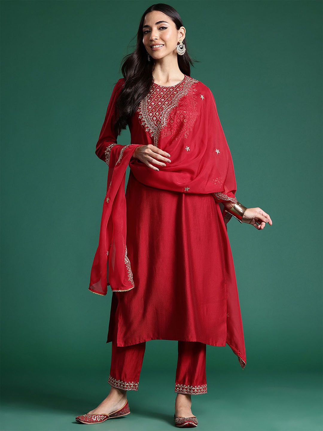 

Anouk Ethnic Motifs Embroidered Regular Liva Straight Kurta with Trousers & Dupatta, Red