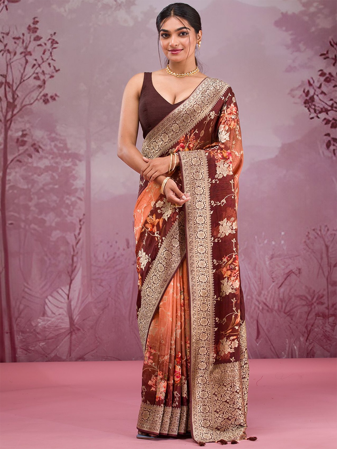 

Koskii Floral Embroidered Pure Georgette Saree, Brown