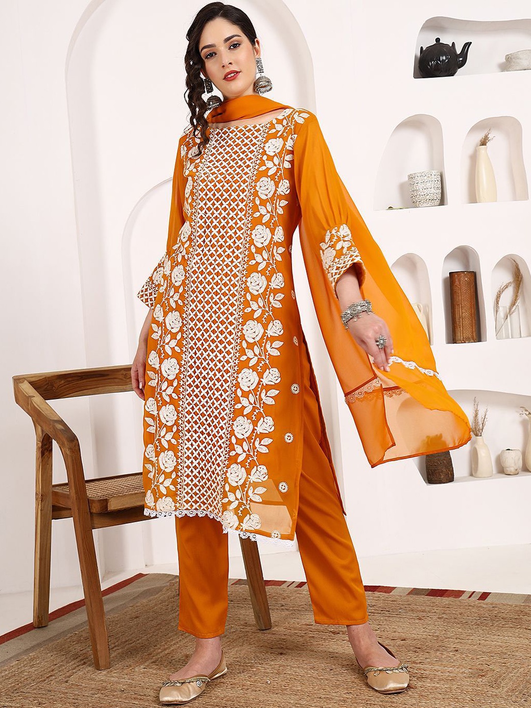 

KALINI Floral Embroidered Chikankari Kurta With Trousers & Dupatta, Mustard