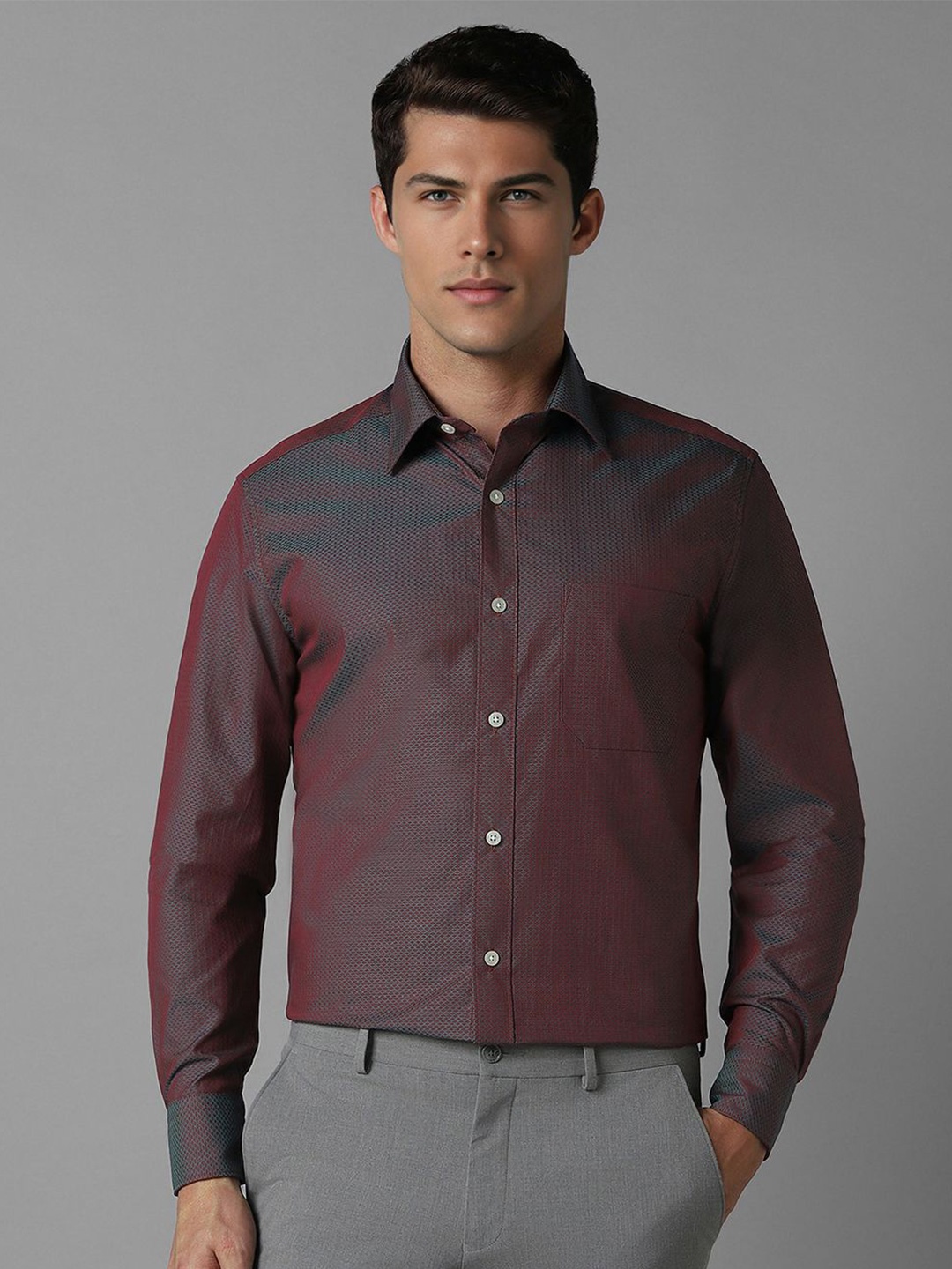 

Louis Philippe Men Spread Collar Textured Cotton Formal Shirt, Maroon