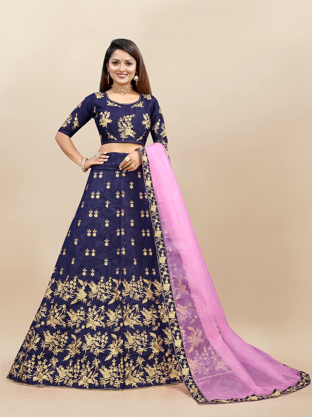 

LADY SHOPI Embroidered Thread Work Semi-Stitched Lehenga & Unstitched Blouse With Dupatta, Blue