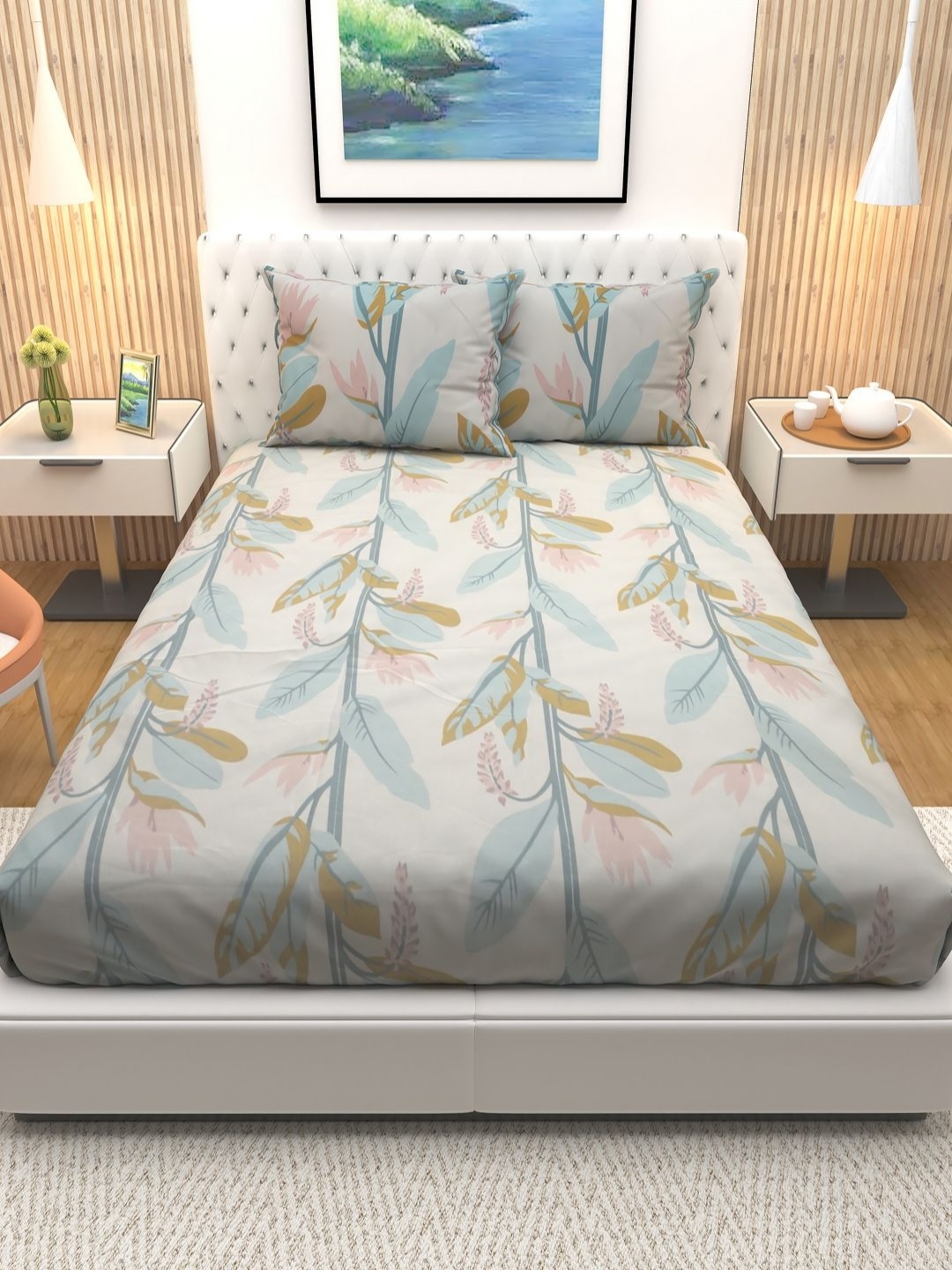 

Aura Grey & Mustard Floral Printed Cotton 180 TC Queen Bedsheet with 2 Pillow Covers