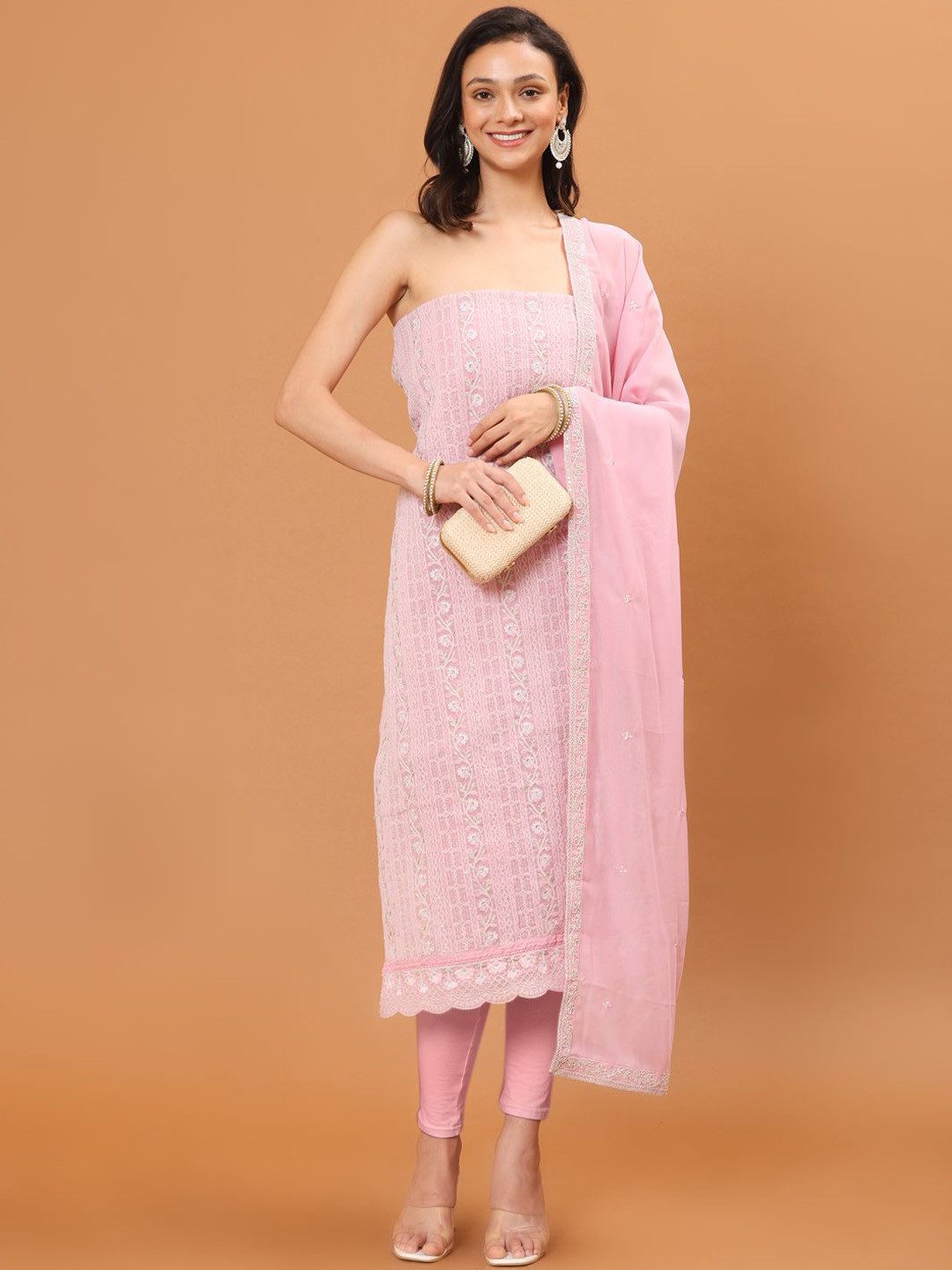 

Meena Bazaar Thread Embroidered Sequinned Georgette Unstitched Dress Material, Pink