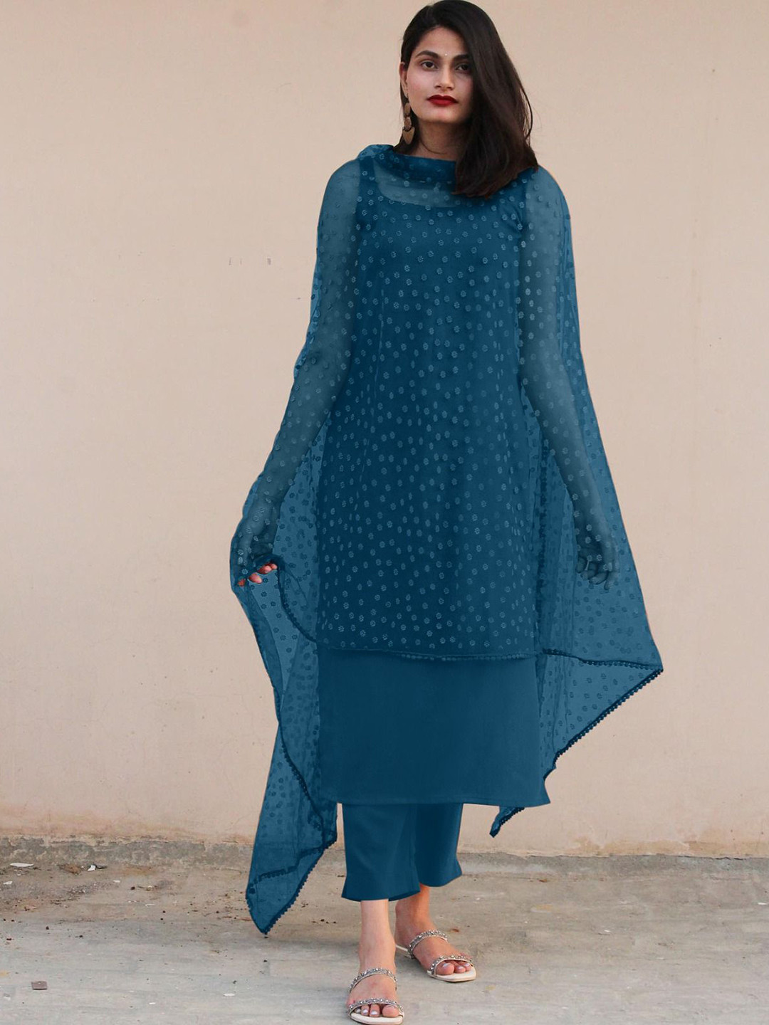 

JULEE Sleeveless Cotton Silk Straight Kurta With Trousers & Dupatta, Teal