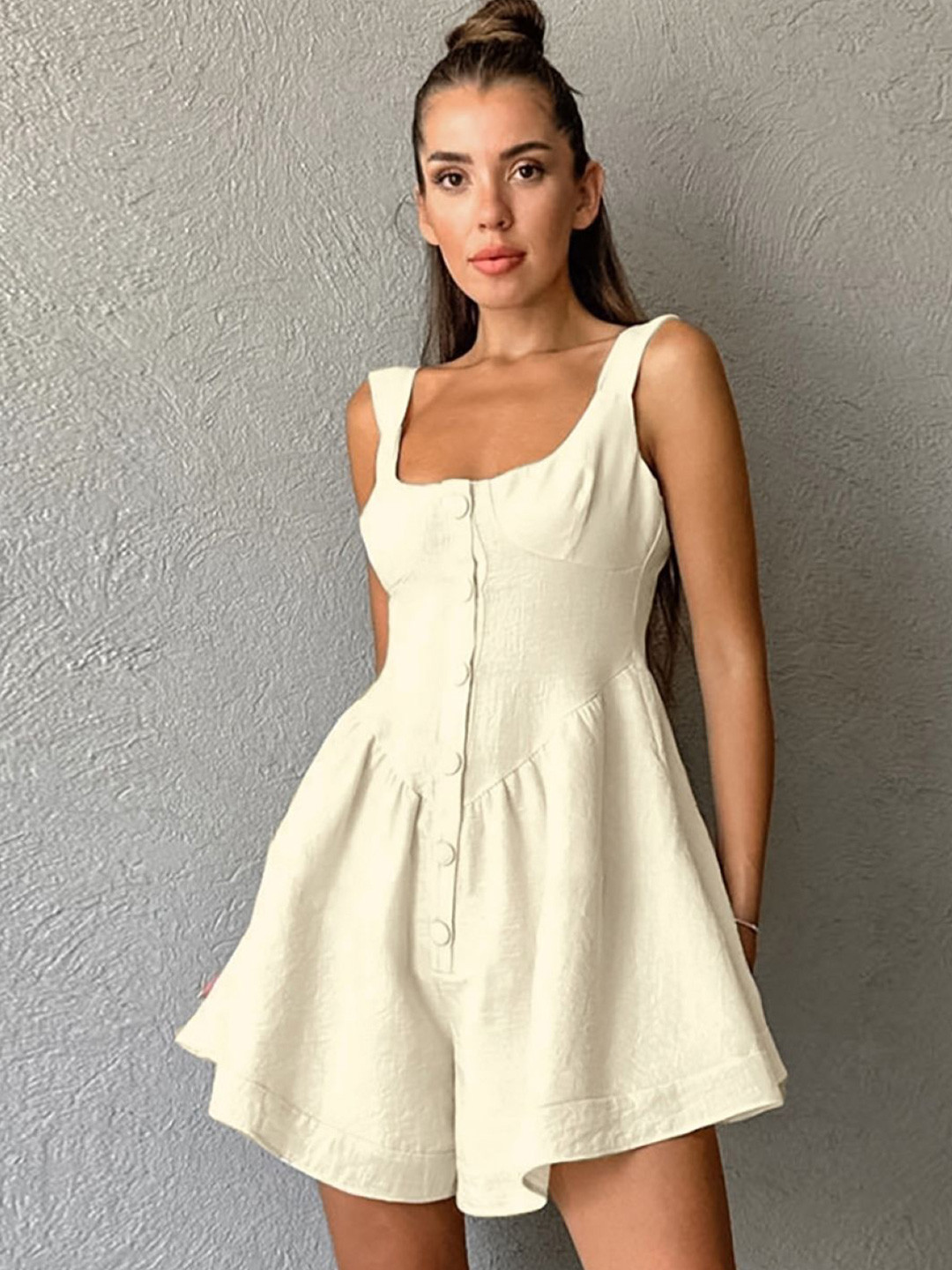 

KPOP Women Sleeveless Fit and Flare Dress, Cream