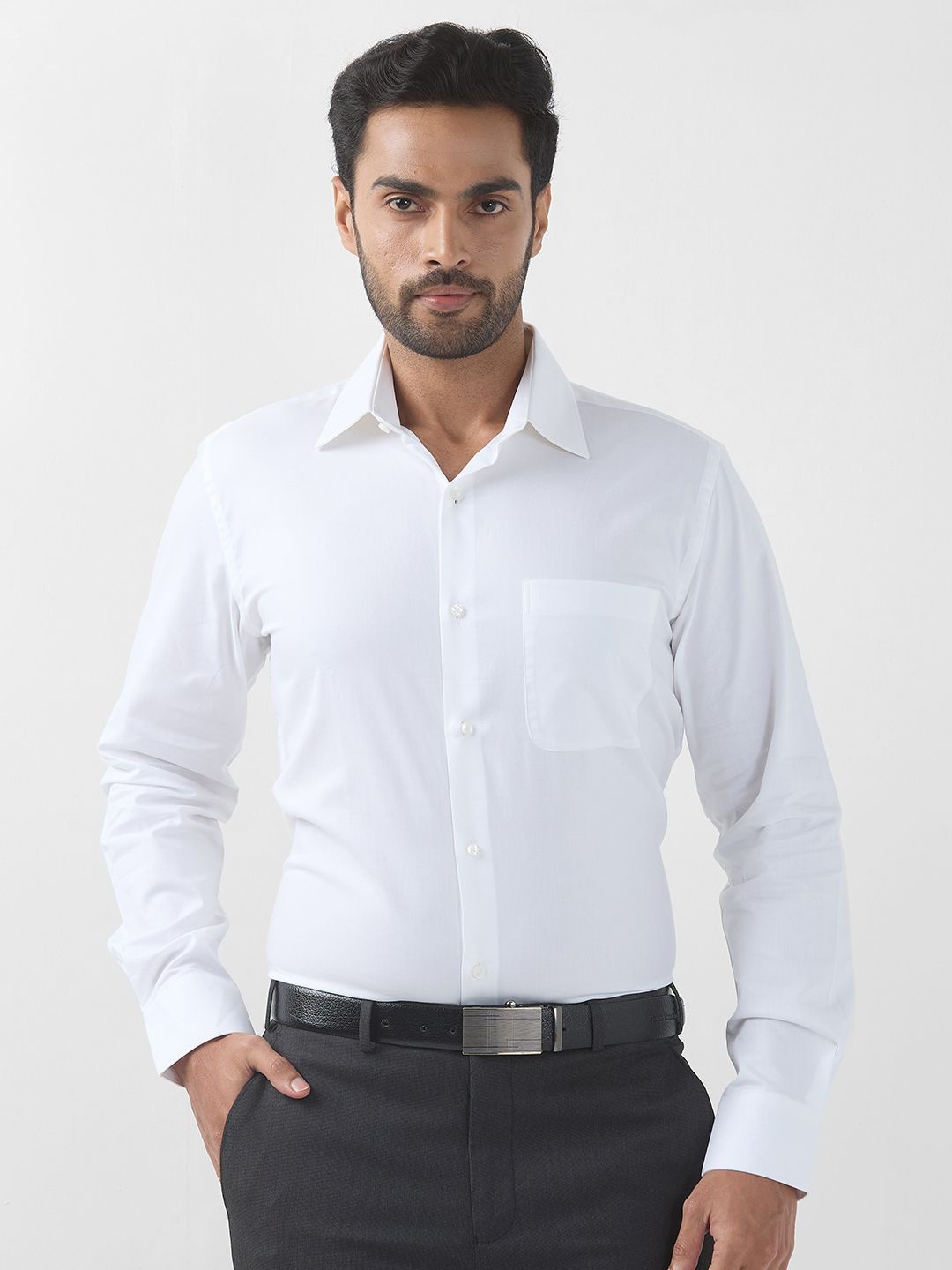 

Raymond Men Contemporary Spread Collar Solid Cotton Formal Shirt, White