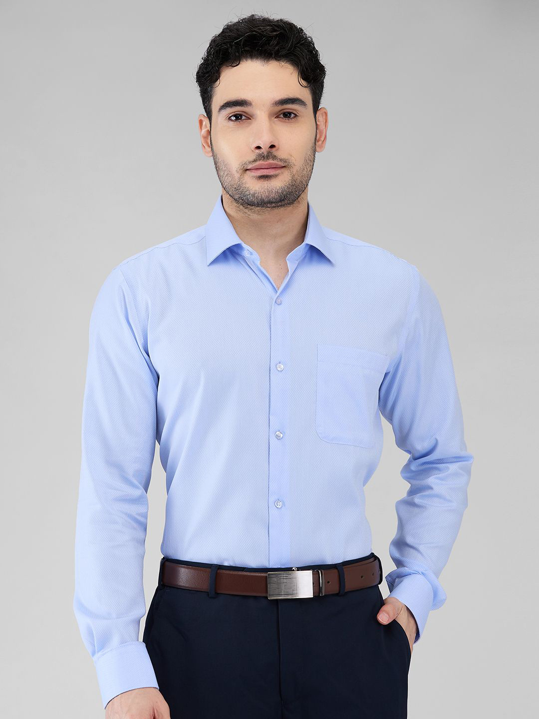 

Raymond Men Contemporary Spread Collar Solid Cotton Formal Shirt, Blue