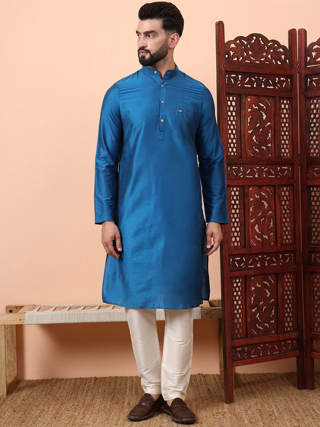 

Latest Chikan Garments Dupion Silk Straight Kurta with Churidar, Blue