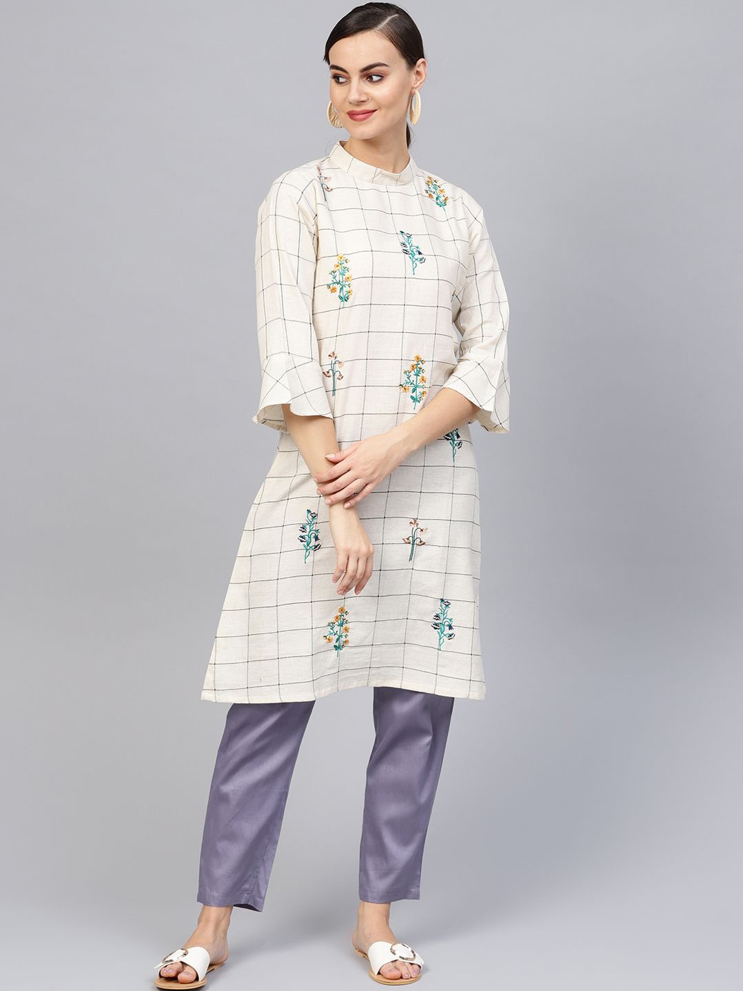 

Anouk Cream Floral Embroidered Cotton A-Line Kurta