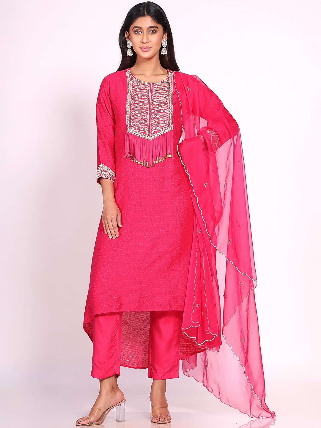 

ORAT Ethnic Motifs Embroidered Chanderi Silk A-Line Kurta With Trousers & Dupatta, Fuchsia