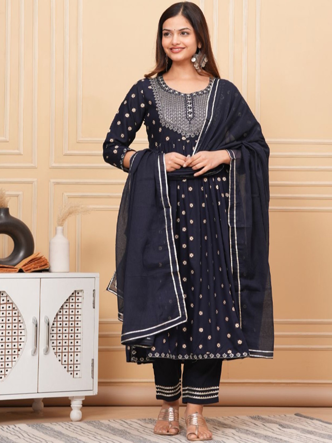 

Nisha Fashion Floral Embroidered Straight Kurta with Palazzos & With Dupatta, Blue