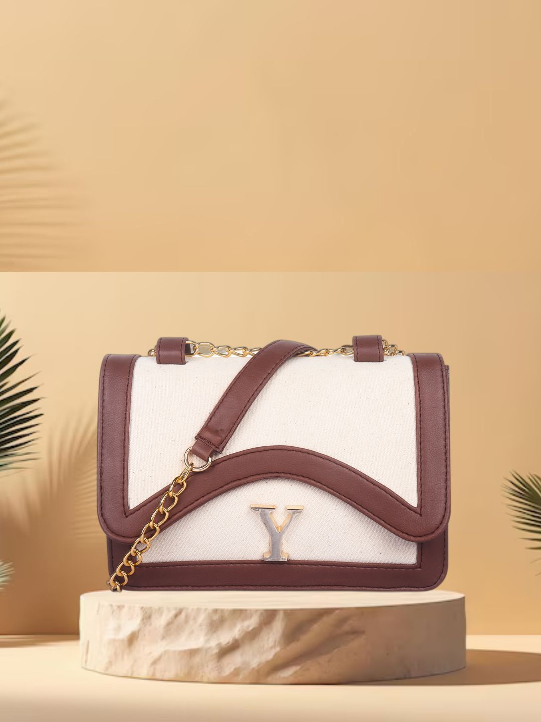 

yelloe Colourblocked Sling Bag with Applique, Off white