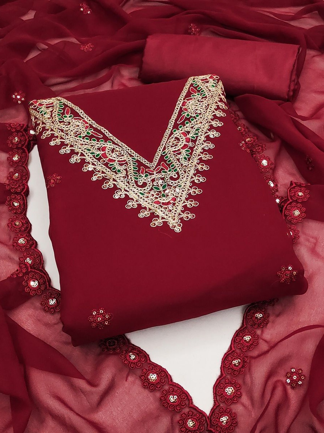 

Aika Embellished Silk Georgette Unstitched Dress Material, Maroon