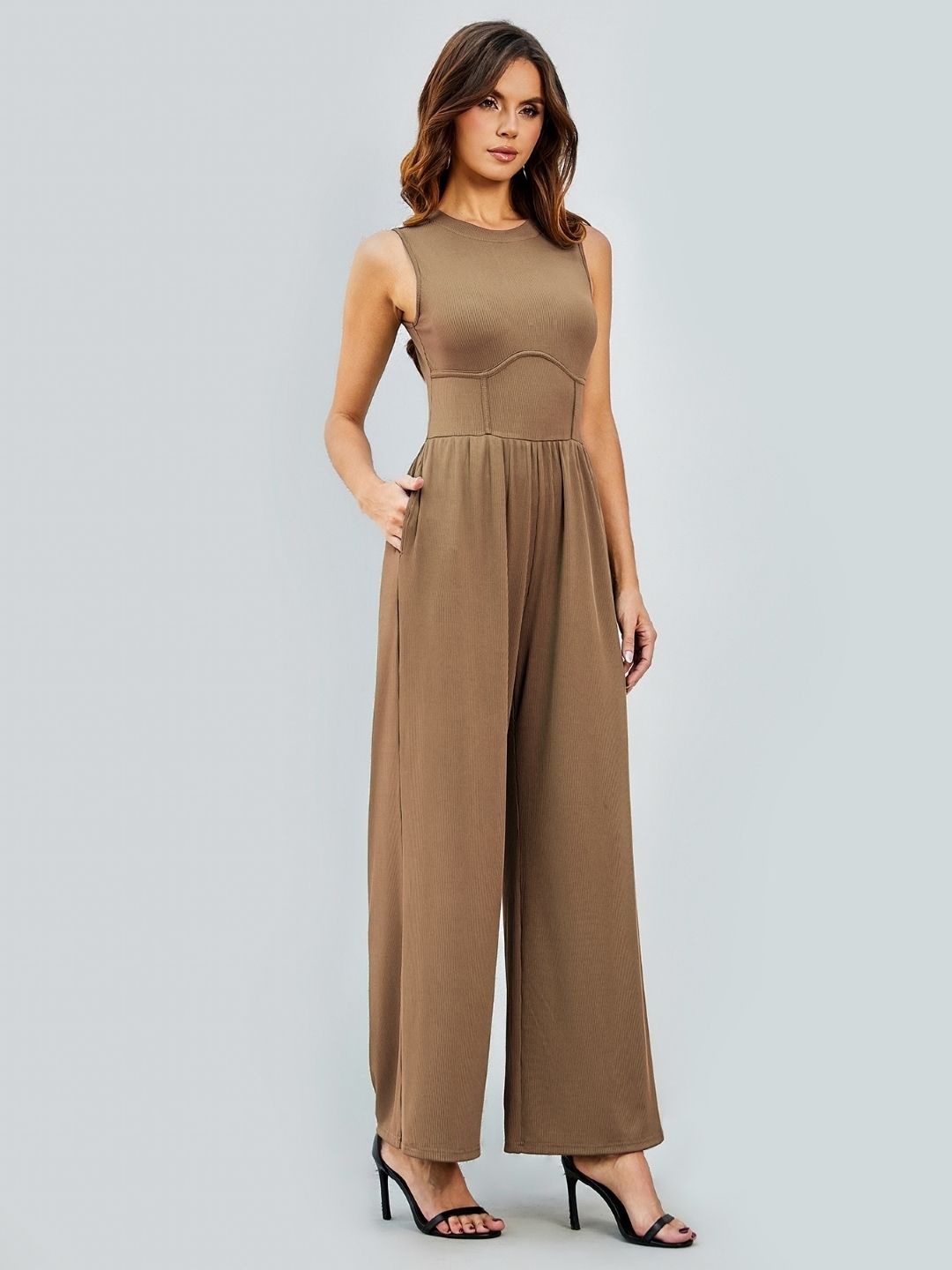 

KPOP Sleeveless Basic Jumpsuit, Khaki