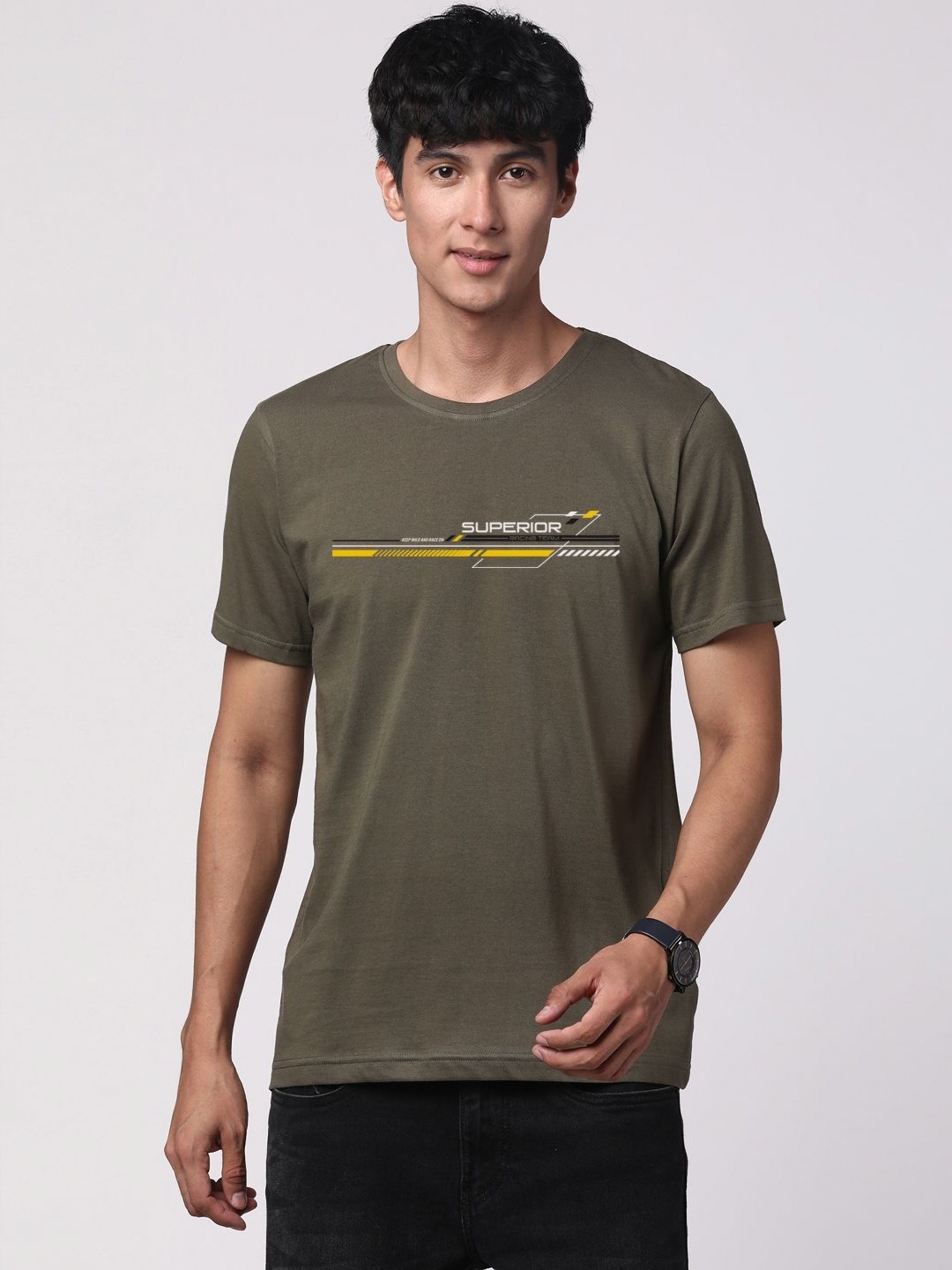 

ADRO Men Graphic Printed Round Neck Cotton T-shirt, Olive