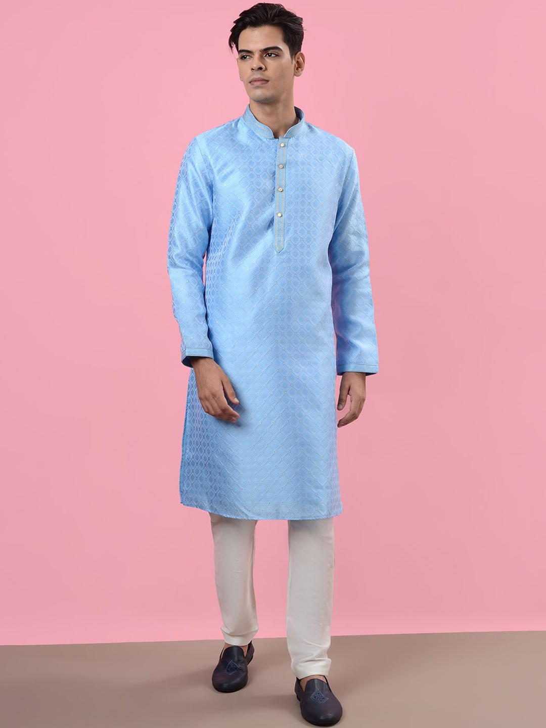 

azania Ethnic Motifs Woven Design Silk Jacquard Straight Kurta with Pyjamas, Blue