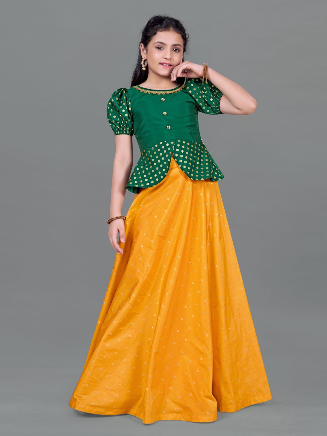

BAESD Girls Printed Sequinned Puffed Sleeves Ready to Wear Lehenga And Choli, Green