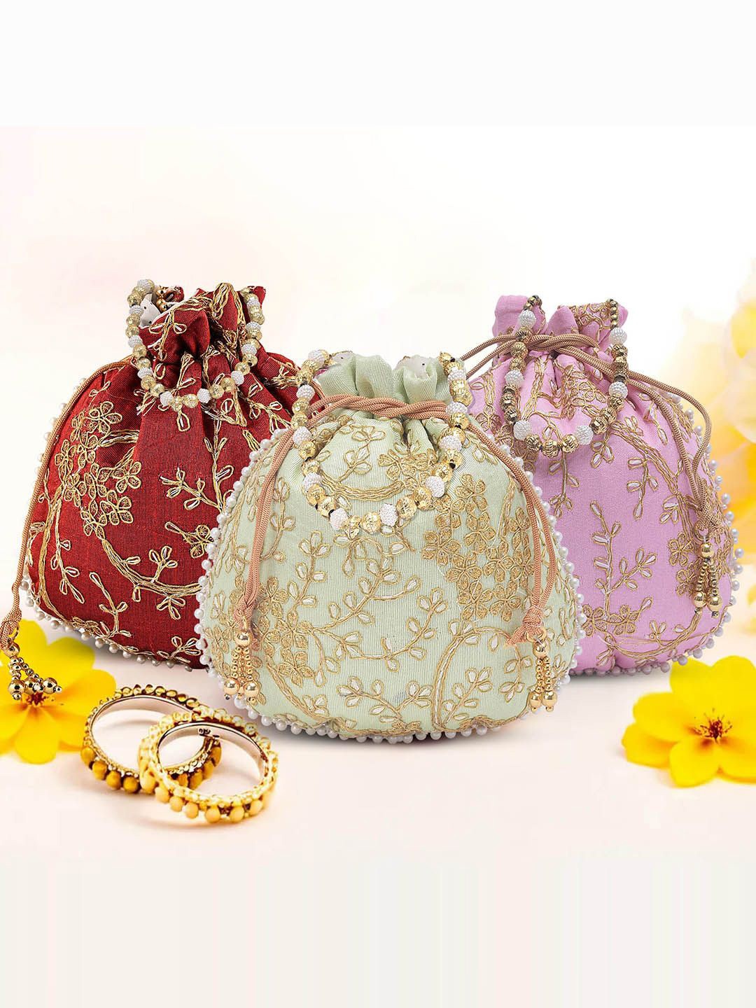 

Kuber Industries Set Of 3 Embroidered Potli Clutches, Pink