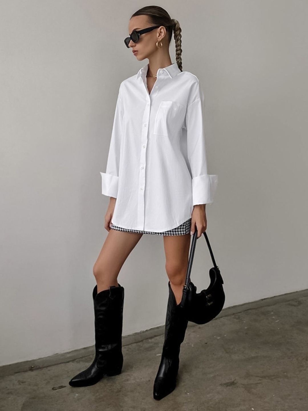 

KPOP Solid Shirt Collar Solid Long Sleeves Party Shirt Dress, White