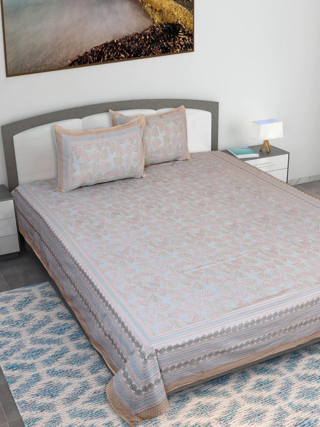 

Texstylers Blue & Biege Kantha Printed 210 TC Cotton Queen Bedsheet With 2 Pillow Covers