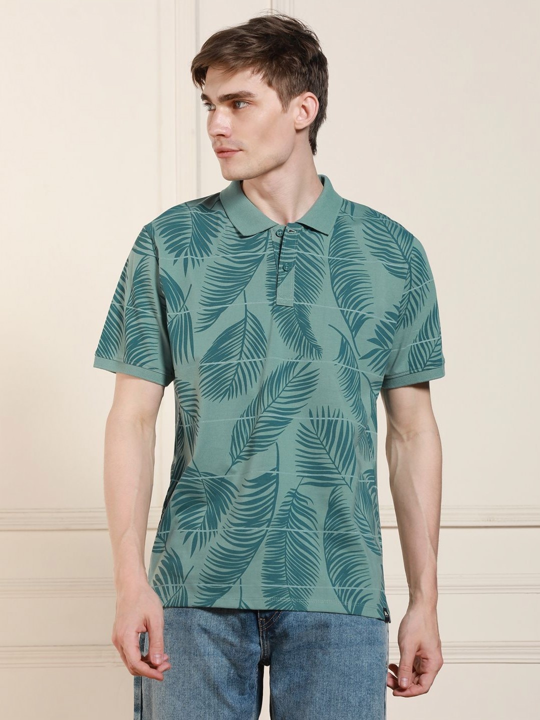 

Dennis Lingo Men Floral Printed Polo Collar Cotton T-shirt, Green