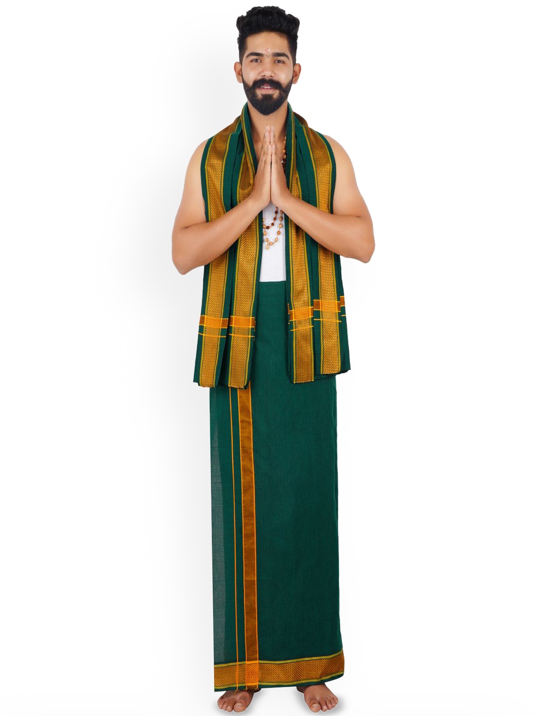 

ETHAZH Men Free Size Cotton Dhoti and Angavastram/Towel, Green