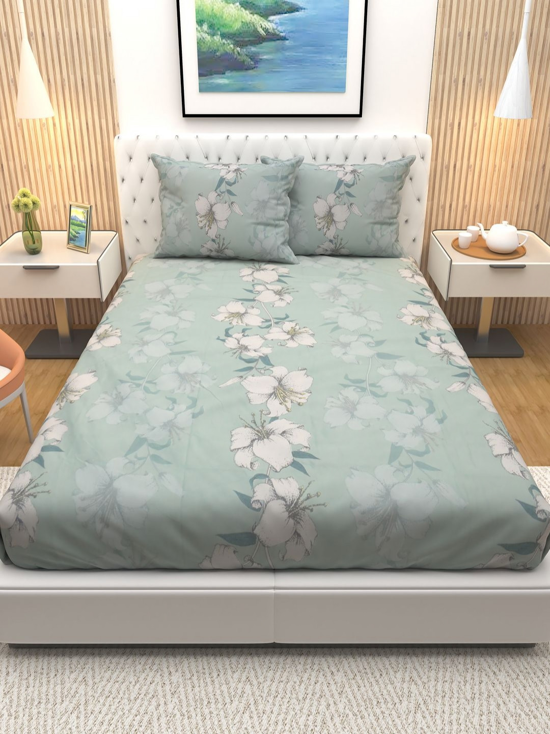

Aura Green & White Floral Printed Cotton 180 TC Queen Bedsheet with 2 Pillow Covers