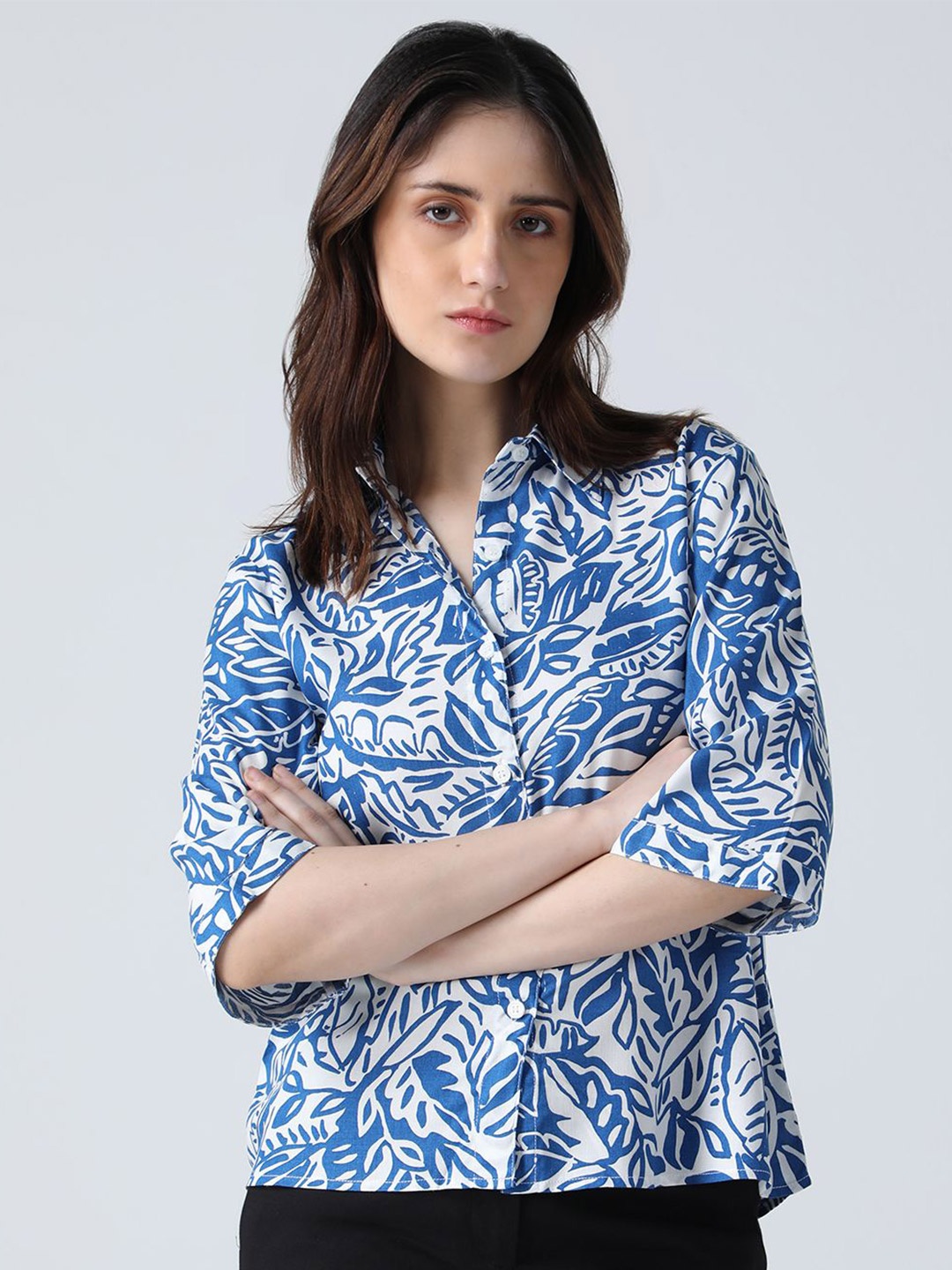 

IDK Women Tropical Printed Shirt Collar Top, Blue