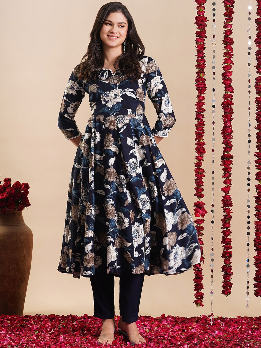 

KALINI Floral Printed Anarkali Kurta With Trouser, Blue