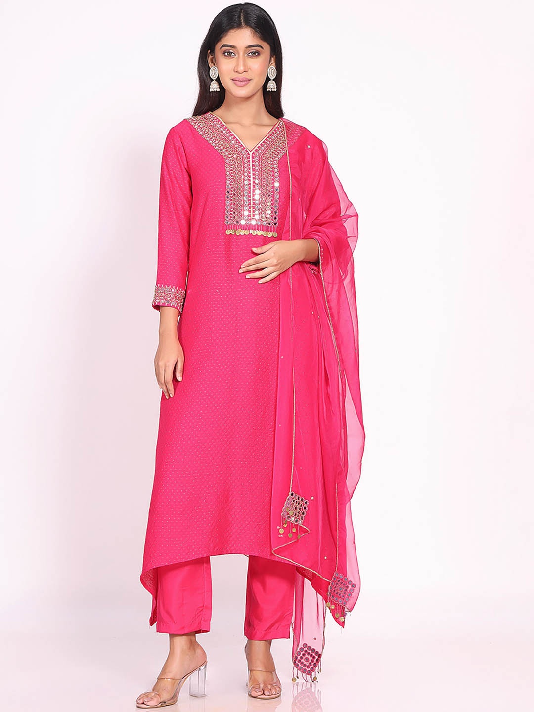 

ORAT Ethnic Motifs Embroidered Zari Chanderi Silk Straight Kurta With Trousers & Dupatta, Fuchsia