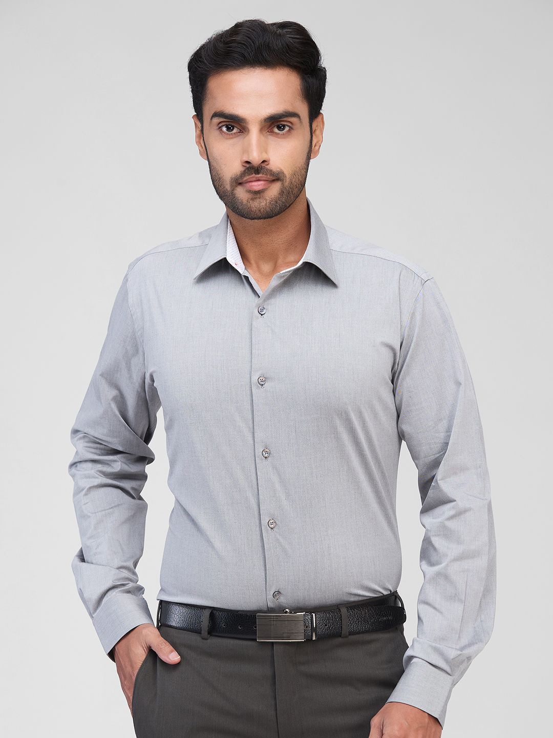 

Raymond Men Spread Collar Solid Cotton Slim Fit Formal Shirt, Grey
