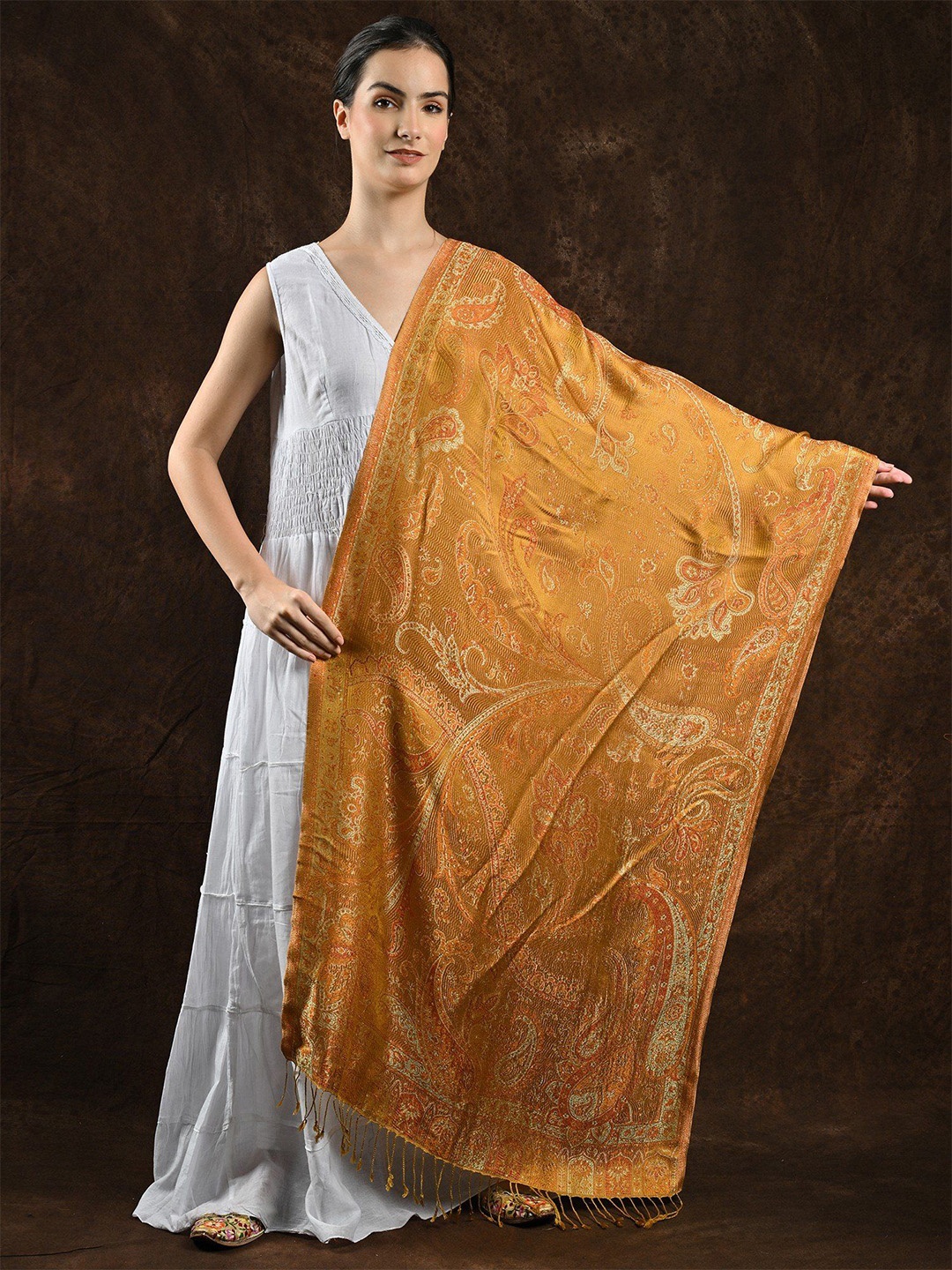 

Exotic India Spicy Mustard Reversible Woven Paisleys and Flowers in Thread Jamawar Stole, Gold