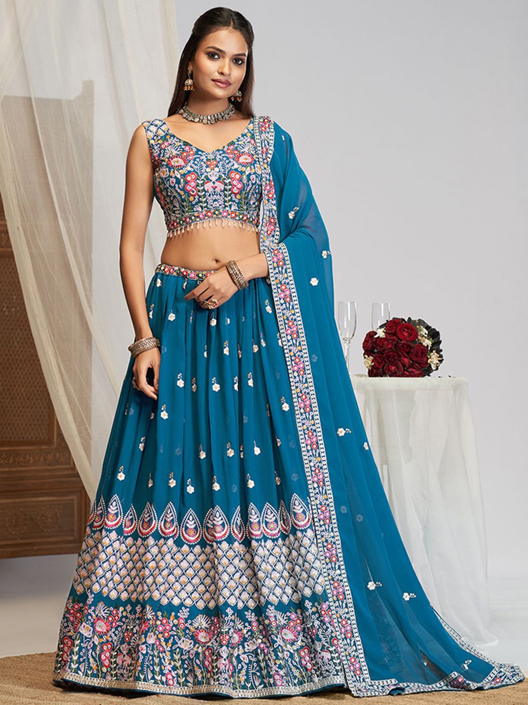 

JIHU CULTURE Embellished Sequinned Semi-Stitched Lehenga & Unstitched Blouse With Dupatta, Blue