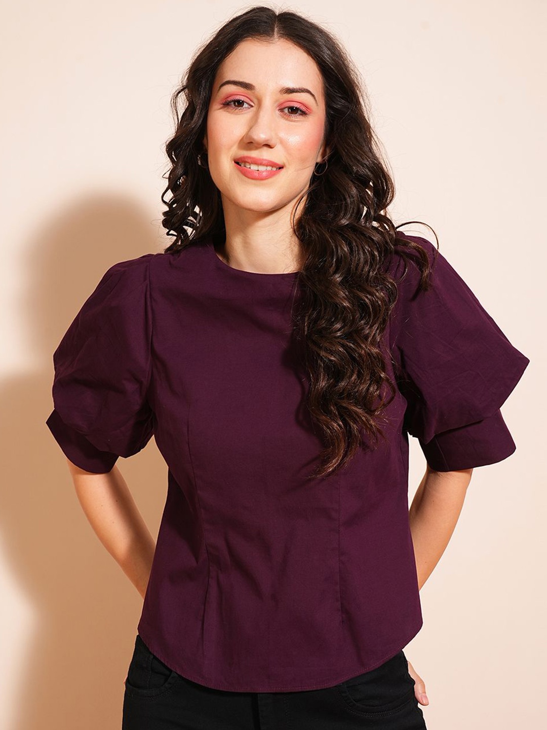 

Globus Puff Sleeve Round Neck Shirt Style Workwear Top With Back Button, Burgundy
