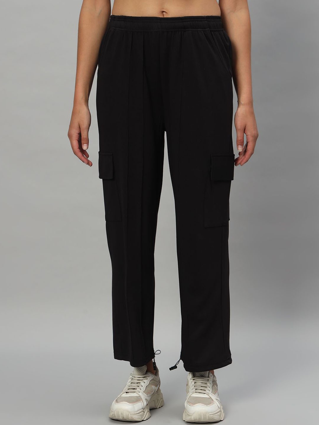 

Chemistry Women Solid Mid-Rise Regular Fit Cargos Trousers, Black