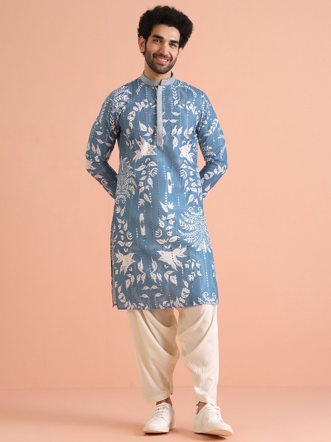 

KISAH Men Embroidered Regular Fit Mirror work Kurta Patiala Set, Blue