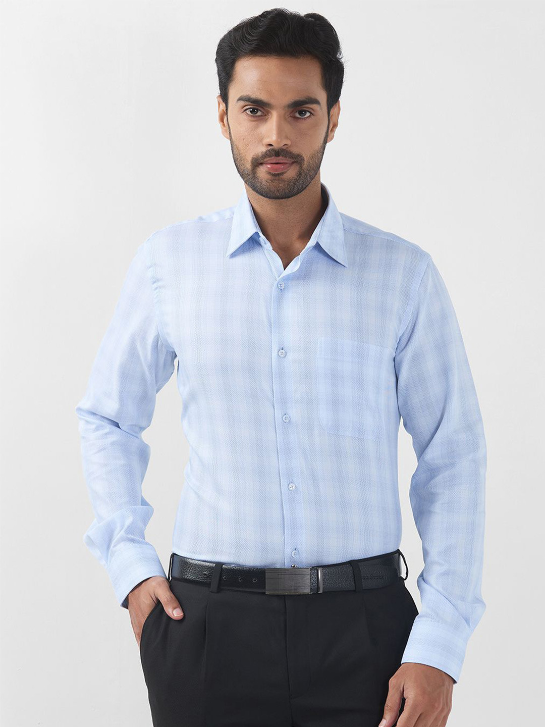 

Raymond Men Contemporary Spread Collar Tartan Checked Cotton Formal Shirt, Blue