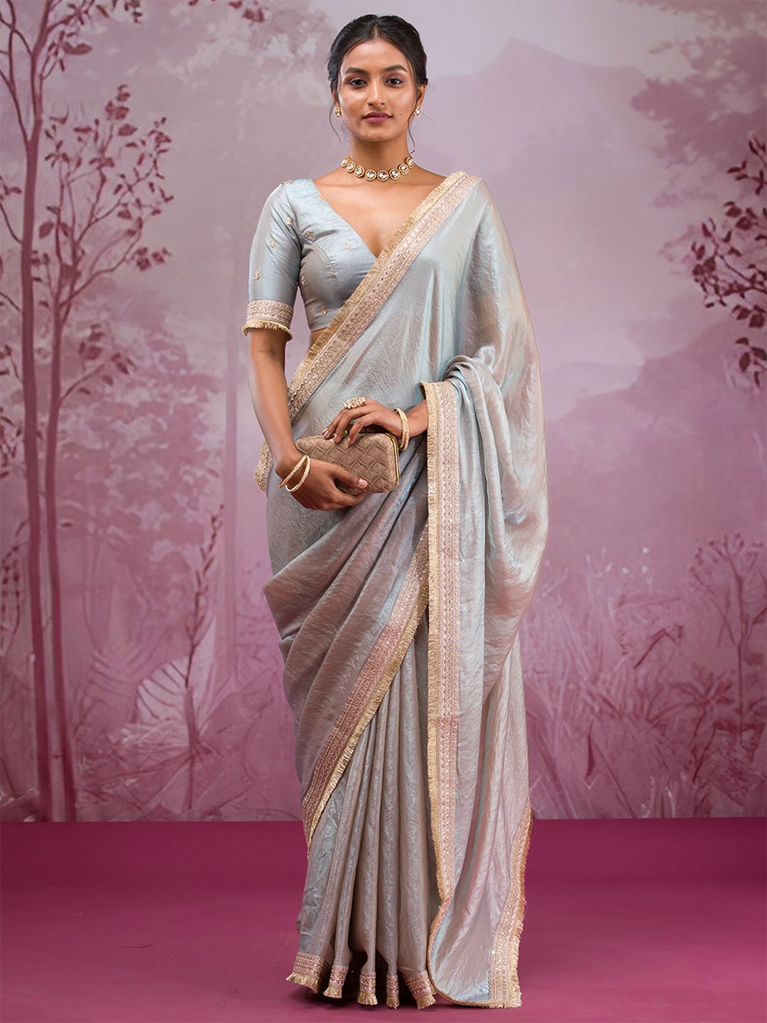 

Koskii Embroidered Solid Tissue Saree, Beige