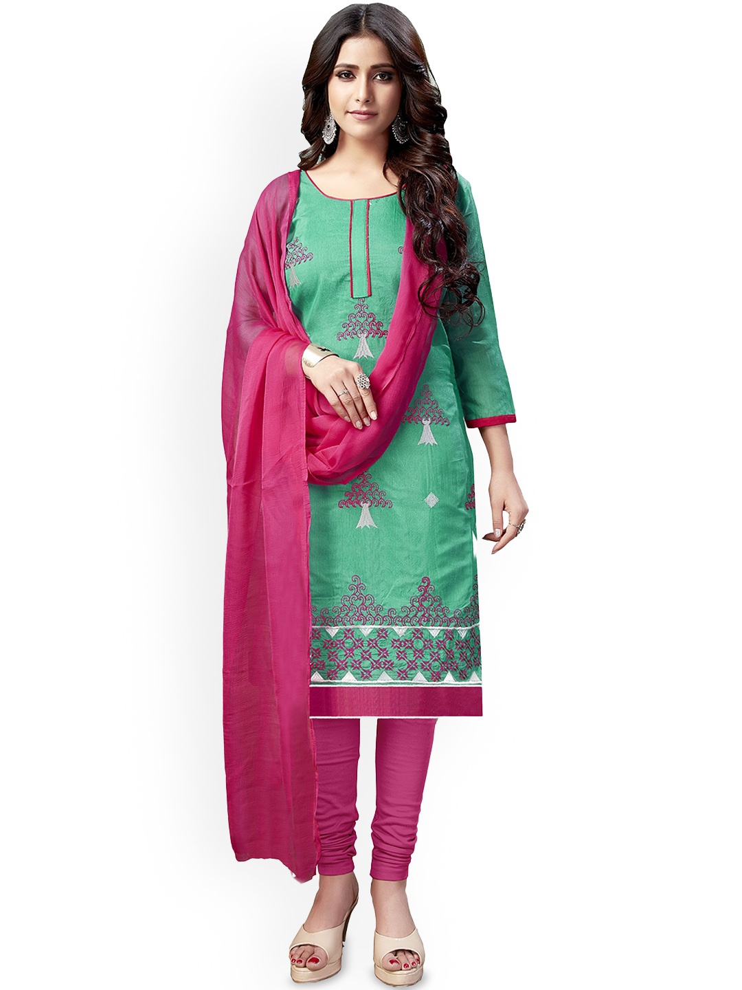 

LADY SHOPI Floral Embroidered Thread Work Chanderi Cotton Unstitched Dress Material, Green