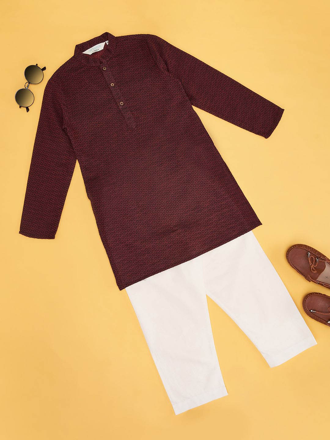 

indus route by Pantaloons Boys Geometric Woven Design Mandarin Collar Pure Cotton Kurta, Rust