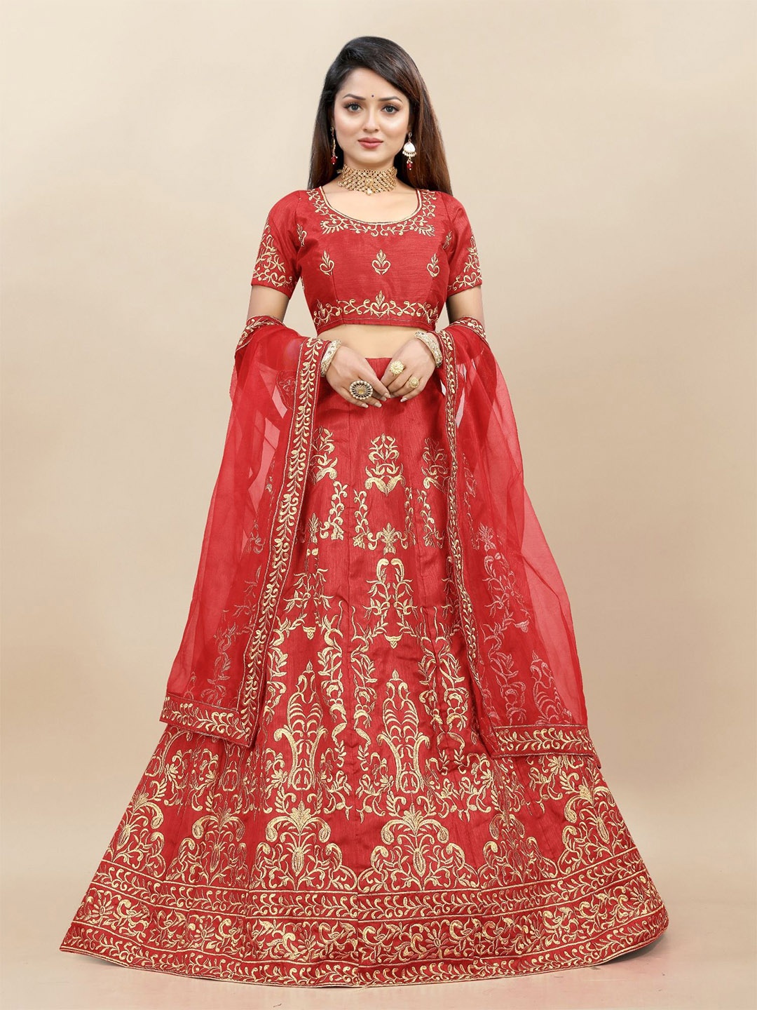 

LADY SHOPI Embroidered Semi-Stitched Lehenga & Unstitched Blouse With Dupatta, Red