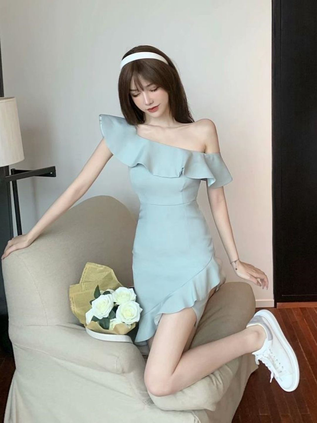 

KPOP Women Solid One Shoulder Bodycon Dress, Blue