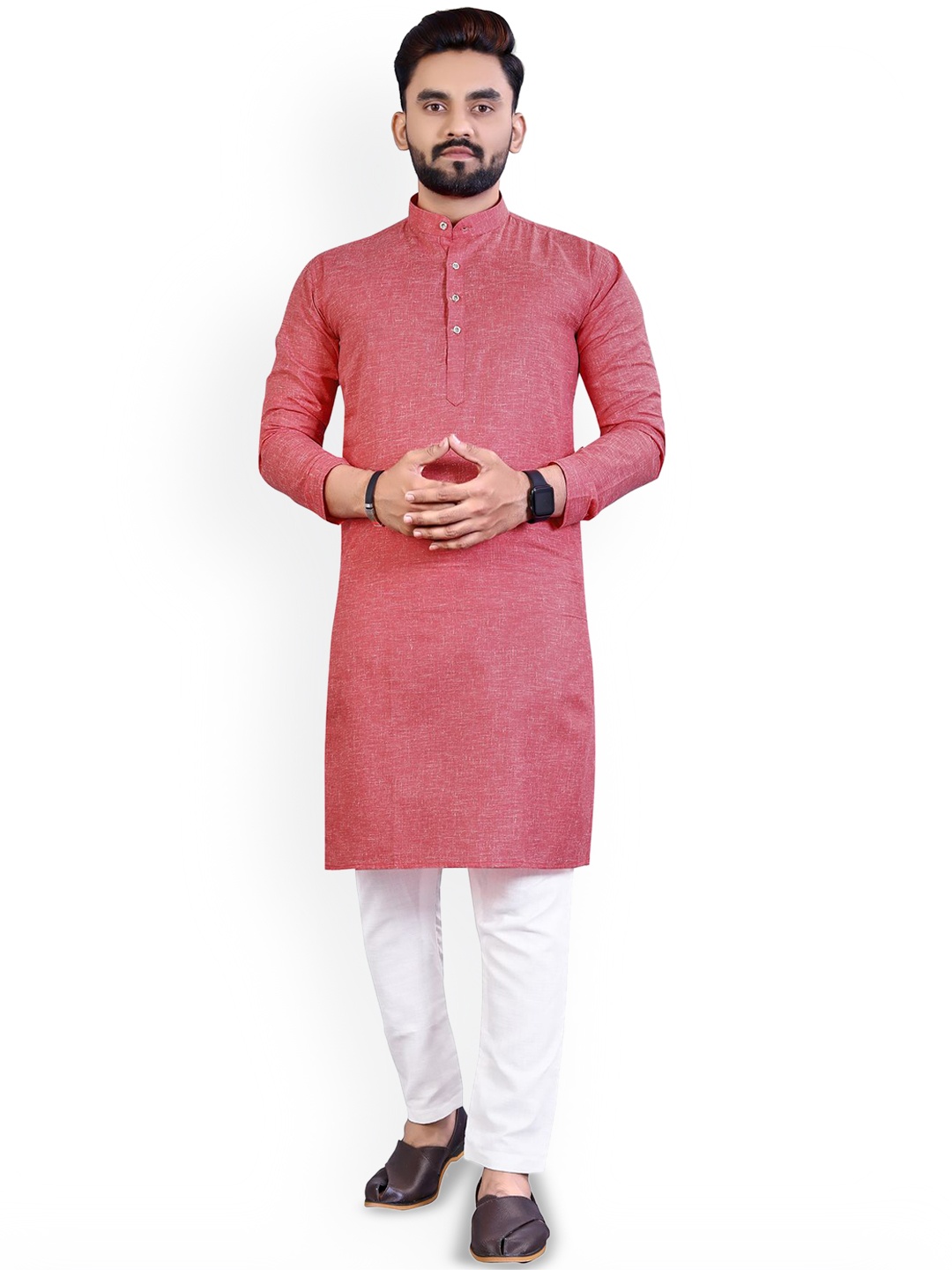 

CHARLOTTE GRACIOUS Mandarin Collar Cotton Silk Straight Kurta, Coral