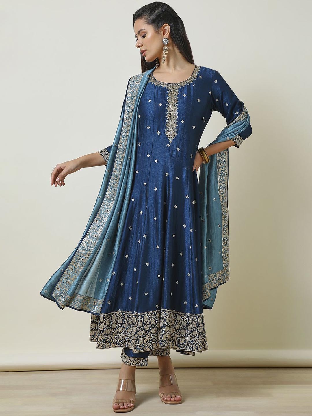 

Soch Floral Embroidered Regular Sequinned Anarkali Kurta with Trousers & Dupatta, Blue