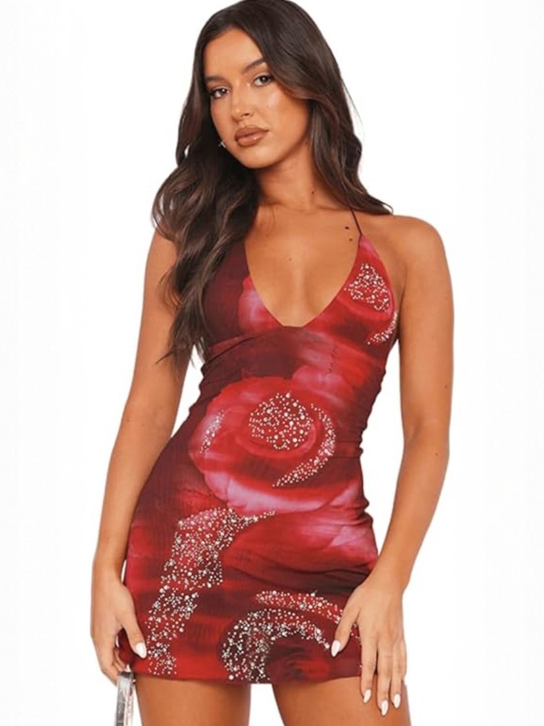 

KPOP Women's V-Neck Abstract Printed Sleeveless Bodycon Dress, Red