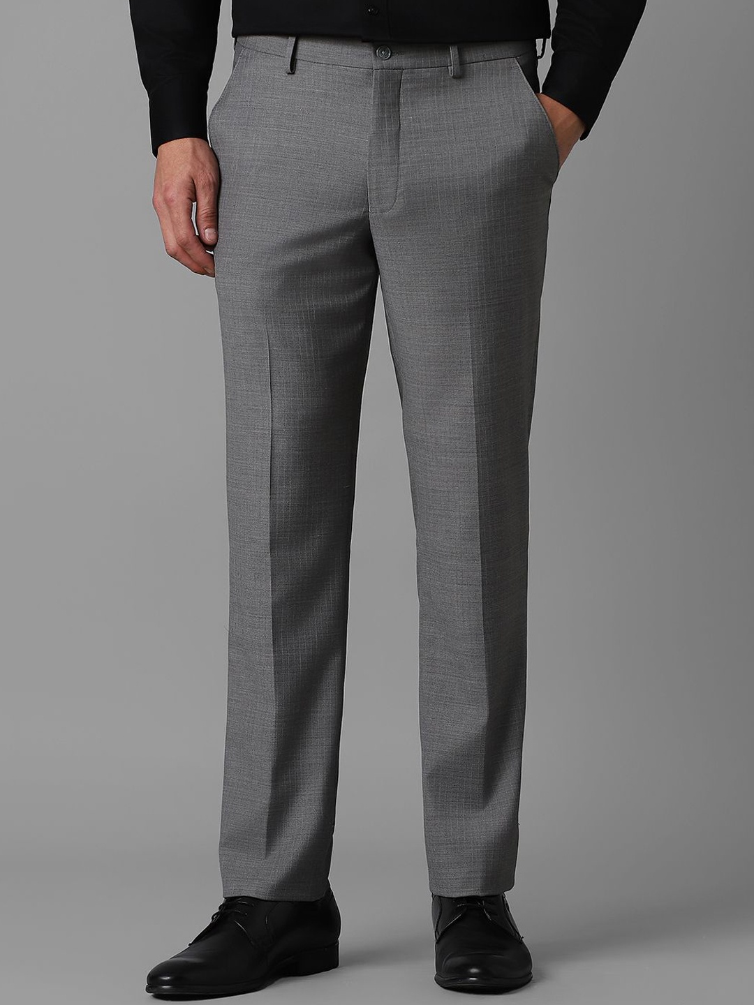 

Louis Philippe Men Textured Striped Slim Fit Mid-Rise Formal Trousers, Grey