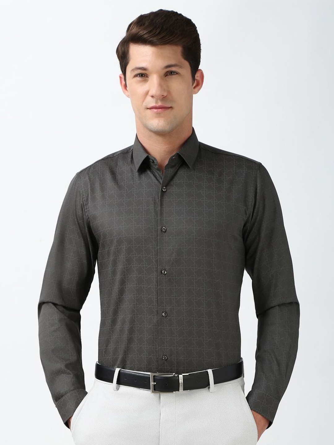 

Peter England Men Spread Collar Abstract Printed Cotton Slim Fit Formal Shirt, Grey