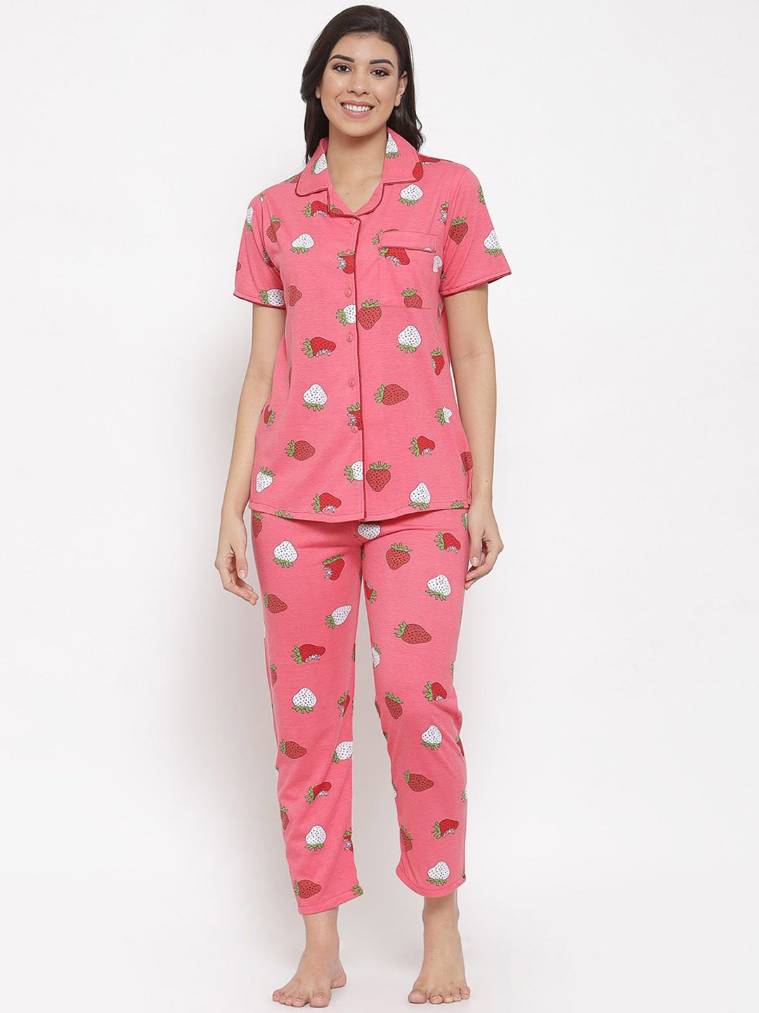 

SHYAM SONS FLAIR Women Conversational Printed Shirt Collar Night suit, Pink