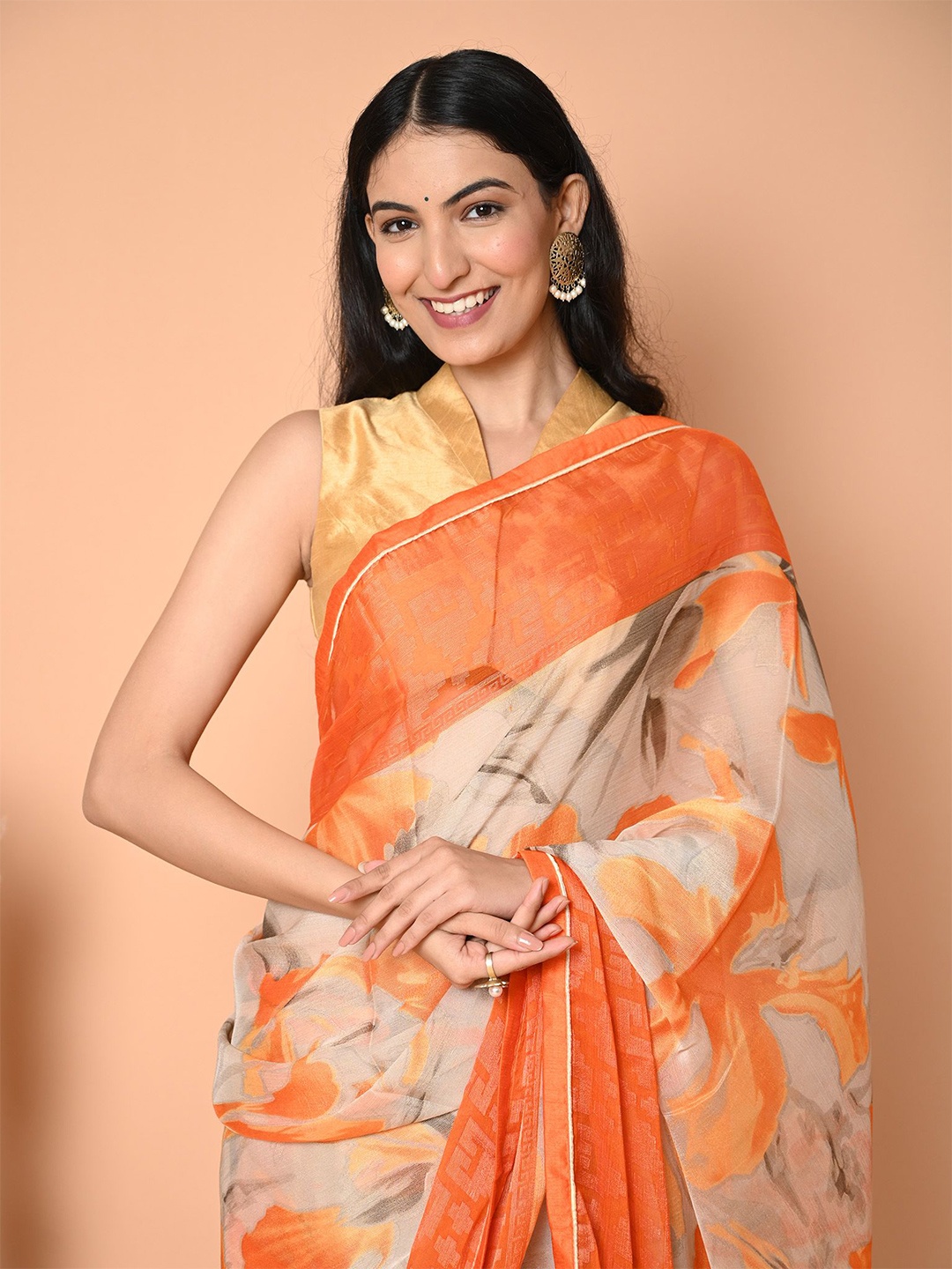 

BEATITUDE Floral Organza Saree, Orange