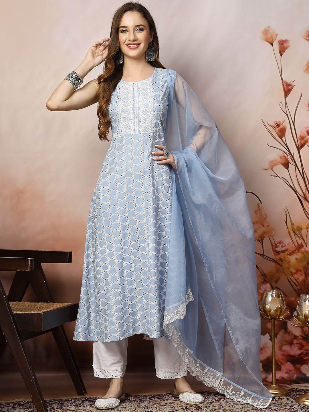 

Stylum Blue & White Geometric Printed Thread Work A-Line Kurta With Dupatta